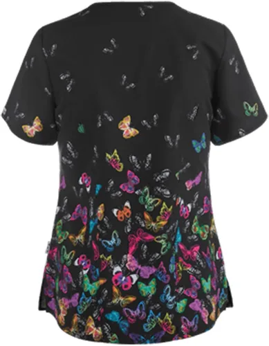 Vista 2 de Ropa quirúrgica para mujer, cómoda, ligera, duradera, suave, elástica, con estampado de flores, cuello en V