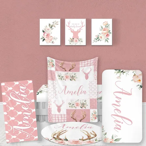Vista 16 de Juego de ropa de cama de bebé personalizado, ropa de cama de elefante rosa para bebé, manta de bebé, sábana bajera ajustable, funda cambiadora