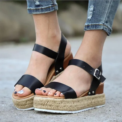 Vista 2 de Sandalias de cuña para mujer, alpargatas casuales con puntera abierta, correa de hebilla en el tobillo, sandalias de plataforma impermeable