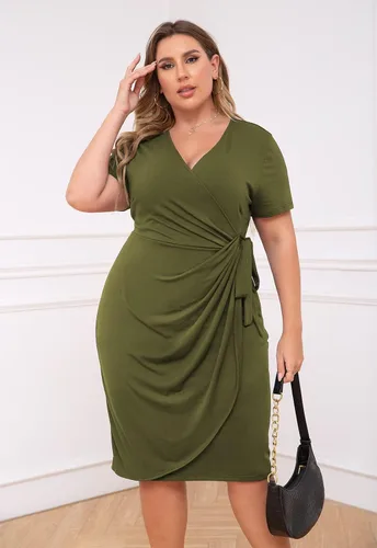 Vista 3 de Nemidor NEM303 - Vestido cruzado fruncido de talla grande para mujer, plisado, entallado, a media pierna, casual, vestido de trabajo para fiesta