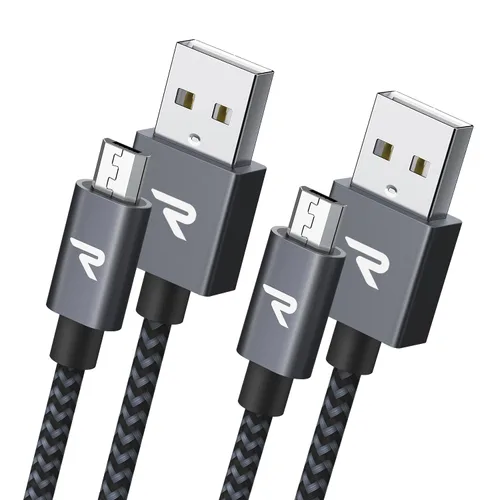 Vista 10 de RAMPOW - Cable micro USB [2 unidades/1 m] QC 3.0, cargador y sincronizador de carga rápida para Android, cables micro USB de nailon trenzado