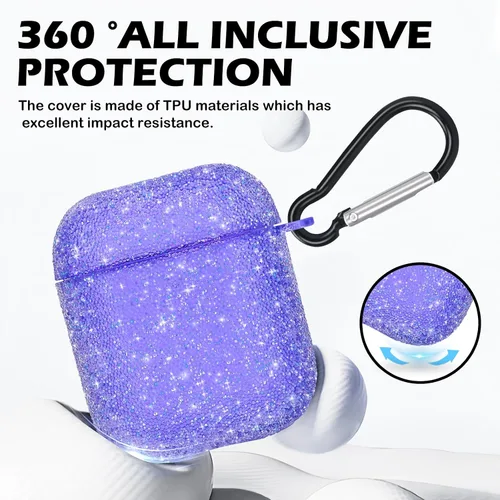 Vista 3 de Newseego Funda para AirPods de 1 y 2 generación, funda de lujo con diamantes de imitación brillantes con llavero para mujeres y niñas, antiarañazos