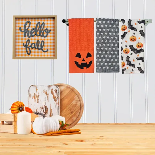 Vista 8 de Haunted - Juego de toallas de mano de cocina de Halloween: Jack O' Lantern Orange Terry Loop, lazo de rizo de punto blanco elevado, diseños