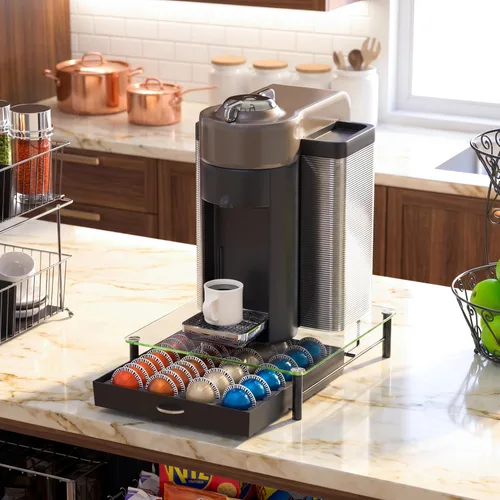 Vista 9 de Deco Brothers cajón de almacenamiento con soporte para cápsulas Nespresso vidrio templado, VertuoLine Negro