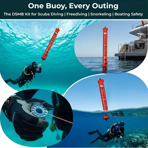 Vista 6 de DSMB Surface Marker Buoy with 100ft Finger Spool Reel Diver Below Signal Flag Tube Scuba Diving Equipment Open Bottom Set