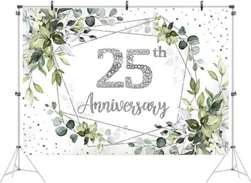 Vista 2 de Ticuenicoa Fondo de decoración de aniversario de boda, 7 x 5 pies, pancarta de decoración de 25 aniversario de vegetación, suministros para fiesta
