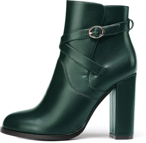 Vista 2 de WAYDERNS Botas altas de tacón alto de tacón alto con hebilla sólida para mujer, punta redonda mate, 4 pulgadas