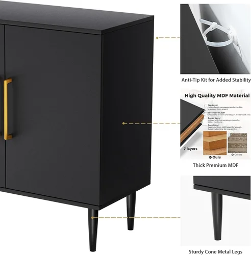 Vista 6 de Vrullu Gabinete de Almacenamiento Moderno, Gabinete de Buffet Independiente, Aparador Negro y Almacenamiento de Buffet, Muebles de Acento de Madera