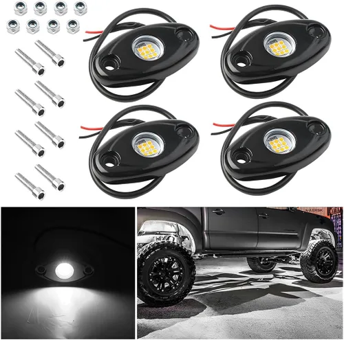 Vista 9 de Luces de Roca para Camiones, 4 Módulos de Luces LED de Roca, Kits de Luces de Neón de Roca Impermeables IP67 para Camioneta ATV Todoterreno SUV