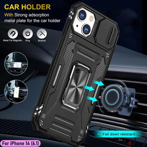 Vista 8 de Funda resistente para Apple iPhone 14, protección híbrida de goma de doble capa de grado militar con protector de cámara deslizante, soporte Negro