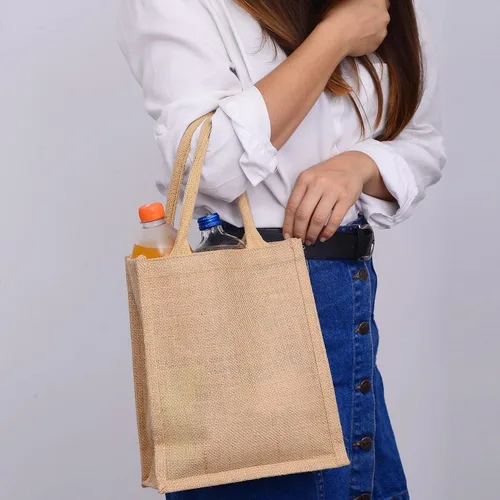 Vista 2 de Bolsas de yute de arpillera reutilizables para libros, regalos con refuerzo completo, Natural