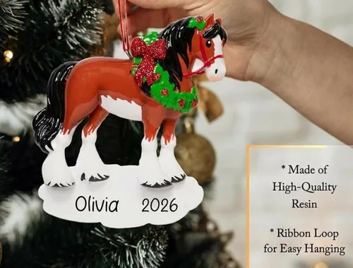 Vista 3 de Adorno de Navidad personalizado de caballo 2025 – Personalización gratuita Caballo marrón personalizado para árbol de Navidad – Regalo de jinete