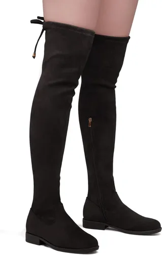 Vista 6 de Herstyle Botas altas hasta el muslo para mujer, con obsesión secreta, largas, elásticas, suaves, con tacón bajo, espalda de encaje, botas