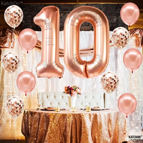 Vista 4 de KatchOn, Globo gigante de oro rosa del número 10 – 40 pulgadas Globo de oro rosa 10 con globos de confeti Decoraciones de 10 cumpleaños de oro
