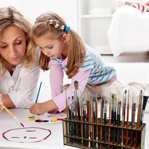 Vista 4 de Organizador de pinceles de madera para pintura, soporte de almacenamiento de 67 agujeros, soporte para pinceles de arte para niños