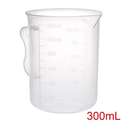 Vista 2 de uxcell Taza de medición 10.1 fl oz PP plástico graduado vaso de precipitados transparente con mango para líquidos de cocina de laboratorio 3 unids