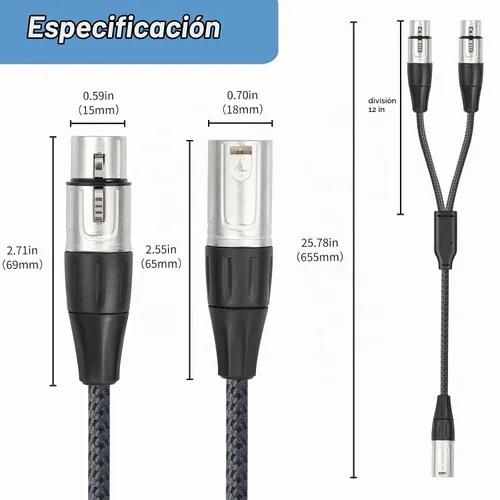 Vista 2 de Devianl XLR y Splitter - Cable divisor XLR y 2 hembra a 1 macho, equilibrado de doble hembra a macho, adaptador de cable de micrófono combinador, 2