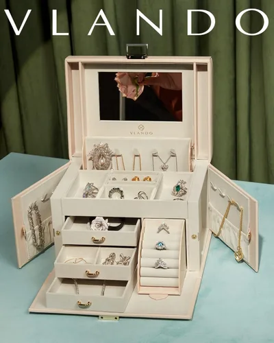 Vista 9 de Vlando Joyero organizador para niñas y mujeres, caja de almacenamiento de joyería barroca grande con espejo, cajones para pulseras, aretes, anillos