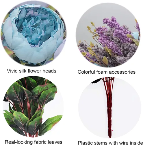 Vista 3 de 1 ramo de peonía artificial, racimo de peonía de seda de 19 pulgadas con 7 flores sintéticas, flores artificiales de estilo clásico con hojas y Azul