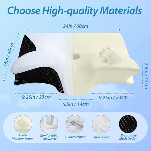 Vista 3 de HOMCA Almohada cervical de espuma viscoelástica, 2 en 1, almohada ortopédica de contorno ergonómico para dolor de cuello, almohadas de soporte Negro