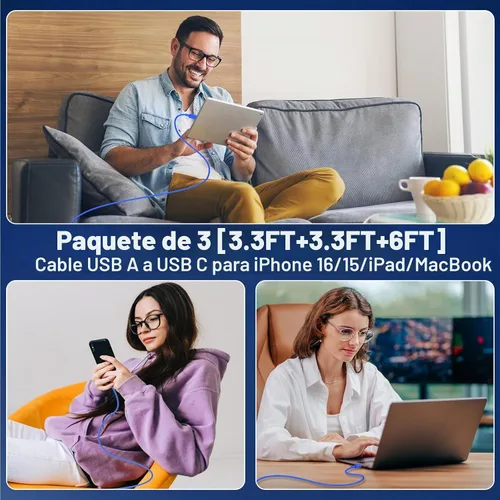 Vista 3 de LOFPYE Paquete de 3 cables USB A a USB C de color azul [3.3 pies+3.3 pies + 6 pies] USB A a USB C, cable Carplay para iPhone 16 15 Pro Plus Pro Max