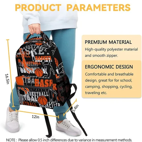 Vista 3 de Mochila de baloncesto para niños y niñas, mochilas negras de 16 pulgadas para viajes escolares, mochila ligera y fresca para niños, Baloncesto-1