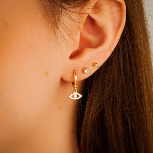 Vista 6 de 14K Gold Clasp Closure Dangle Earrings, Trendy Hoop with Charm, Huggie Hoop Earrings, Hypoallergenic Nickel Free Earrings, Lightweight Huggies for