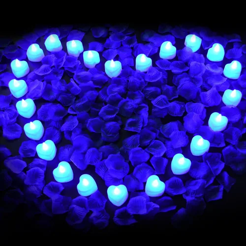Vista 10 de KOABY 1000 piezas pétalos de rosa artificiales azules con kit de 12 luces LED azules de té, para decoración