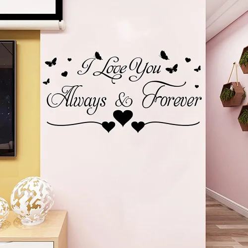 Vista 6 de Calcomanías de pared con texto en inglés "I Love You Always & Forever", calcomanías de pared románticas de mariposas y corazones, murales de vinilo