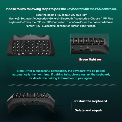 Vista 8 de TiMOVO Green Backlight Keyboard for PS5 Controller, Wireless Bluetooth Keypad Chatpad for Playstation 5 Controller, Mini Game Keyboard Built-in