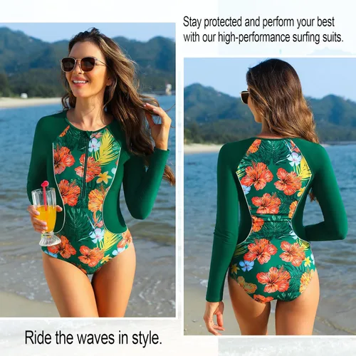 Vista 3 de JASAMBAC Traje de baño de manga larga para mujer, protección solar UPF 50+, con cremallera, de una pieza, estampado de surf