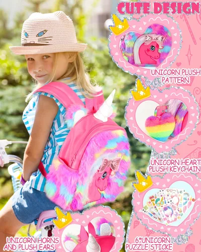 Vista 2 de LSSAGOON Mochila de felpa de unicornio para niñas, bonita bolsa de libro escolar de piel sintética suave, mochilas Kawaii esponjosas para niños.