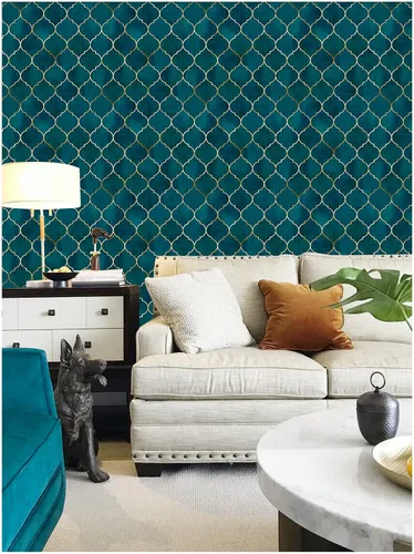 Vista 2 de HAOKHOME - Papel tapiz despega y pega, diseño geométrico enrejado, color esmeralda/zafiro azul/bronce, papel de contacto extraíble para decoración