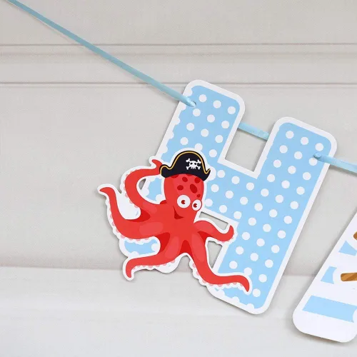 Vista 4 de Cartel de cumpleaños de pirata, decoraciones de fiesta para niños, suministros de fiesta temática pirata, pancarta de baby shower para niños 1, 2