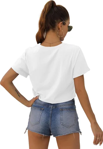 Vista 5 de Blusa corta de verano para mujer, manga corta, cuello redondo, ajuste holgado, blusa casual