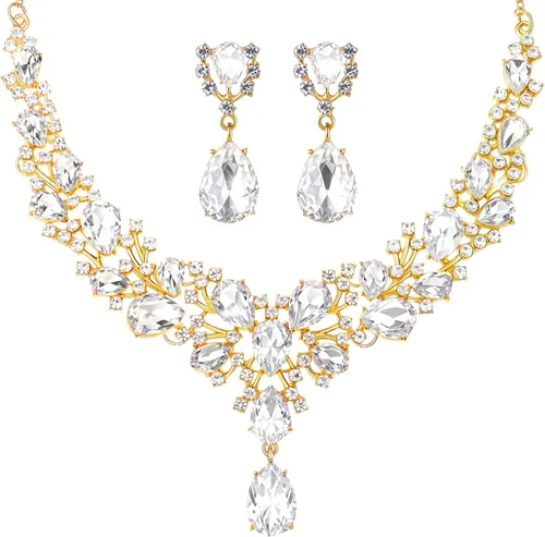 Vista 19 de Hicarer Conjunto de joyas de cristal en forma de lágrima nupcial para mujer, collar, aretes, boda Negro