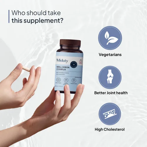 Vista 2 de Miduty Palak Notes Aceite de krill de pescado antártico, cápsula Omega 3 de triple fuerza con astaxantina, antioxidante, EPA y DHA