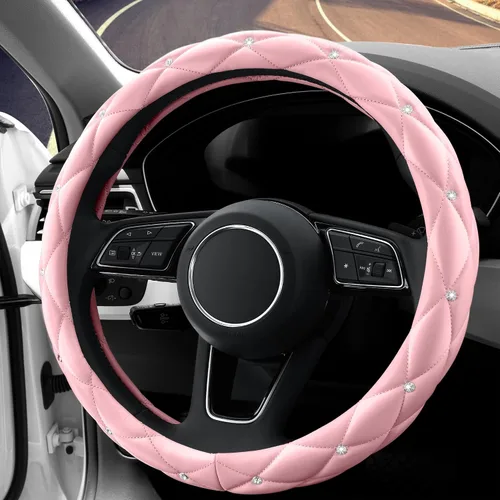 Vista 3 de YOGURTCK Linda funda antideslizante para volante de cuero rosa suave con diamantes y cristales brillantes, universal de 15 pulgadas para mujeres
