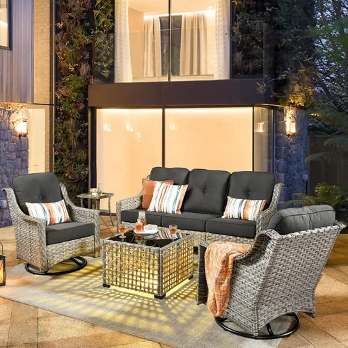 Vista 23 de HOOOWOOO Sofá de patio de 3 plazas de mimbre para exteriores, resistente a todo tipo de clima, con respaldo alto, muebles a juego (beige y bronceado)