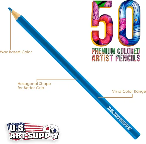 Vista 2 de U.S. Art Supply Juego de 50 lápices de colores para adultos, de grado artista, colores vibrantes, dibujo de arte suave, bocetos, sombreado, mezcla