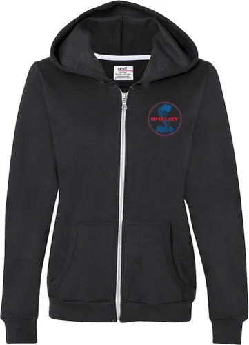 Vista 2 de Sudadera con capucha para mujer, con cremallera completa, logotipo azul y rojo en la parte delantera y trasera