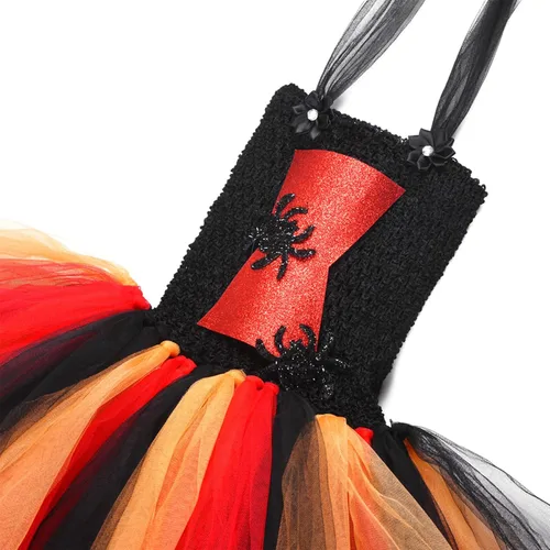 Vista 6 de LUCKYGAL Disfraz de Halloween para niñas, vestido de tutú de bruja araña, ropa de cosplay con diadema