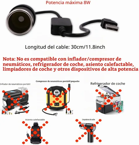 Vista 3 de Cable convertidor USB A macho a 12 V para encendedor de cigarrillos de coche, enchufe hembra, paquete de 2 Adaptador de enchufe USB A a 12V hembra