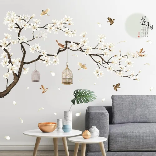 Vista 5 de Calcomanías de pared de estilo chino, árbol negro y pájaros voladores, removibles, decoración de pared, murales para niños, guardería, oficina