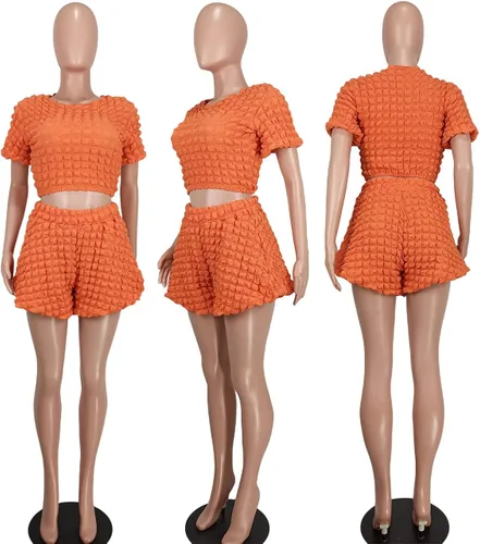 Vista 7 de Salimdy Conjunto deportivo de 2 piezas para mujer, talla grande, camiseta corta de manga abombada y pantalones cortos con cintura elástica