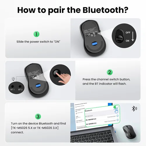 Vista 7 de TECKNET Ratón Bluetooth recargable, [USB y BT5.0/BT3.0] Ratón inalámbrico Negro
