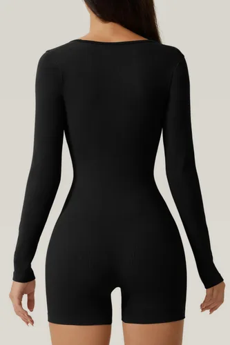 Vista 2 de Meyeeka Women's Sexy Square Neck Romper Seamless Long Sleeve Stretch Short Jumpsuits