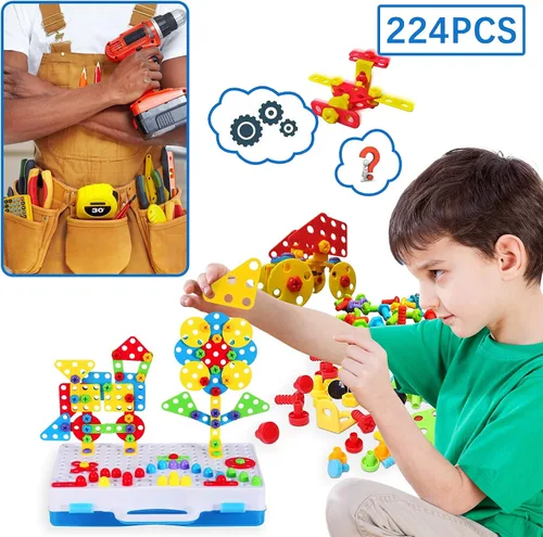 Vista 3 de 224 juguetes de construcción STEM para niños de 4 a 8 años, juego creativo de taladro de mosaico con taladro eléctrico y destornillador, kit