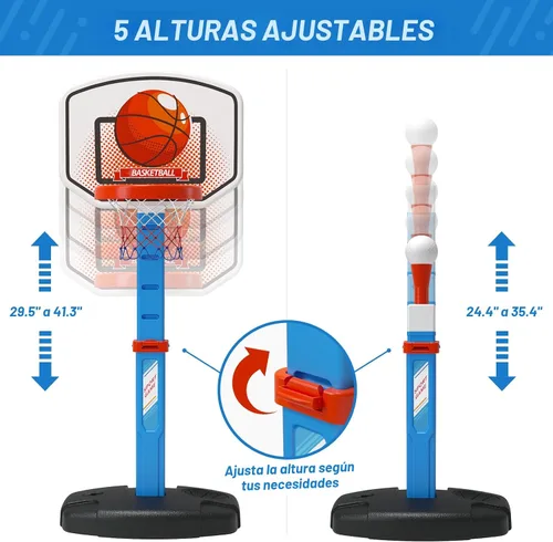 Vista 3 de HYES Juego de aro de baloncesto 2 en 1 y pelota en T para niños, altura ajustable, tee de béisbol para niños con máquina de lanzamiento automática