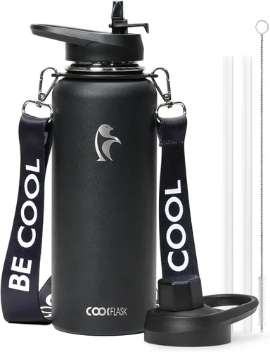 Vista 25 de Botella de agua Coolflask de 40 onzas con correa, botella de agua metálica aislada con popote y tapas con pico, acero inoxidable de doble pared al